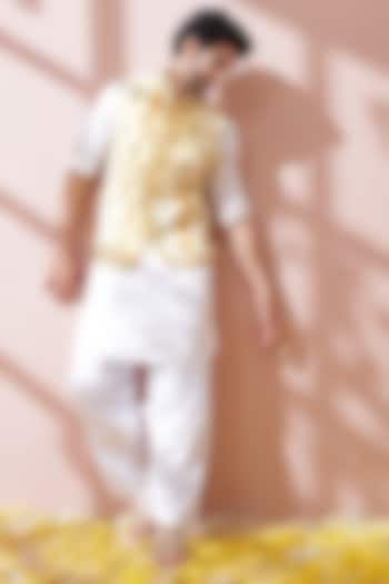 White & Yellow Blended Silk Mirror Embroidered Bundi Jacket Set by KORA BY NILESH MITESH at Pernia's Pop Up Shop