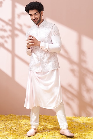 Blush Pink Silk Embroidered Bundi Jacket With Kurta Set by KORA BY NILESH MITESH