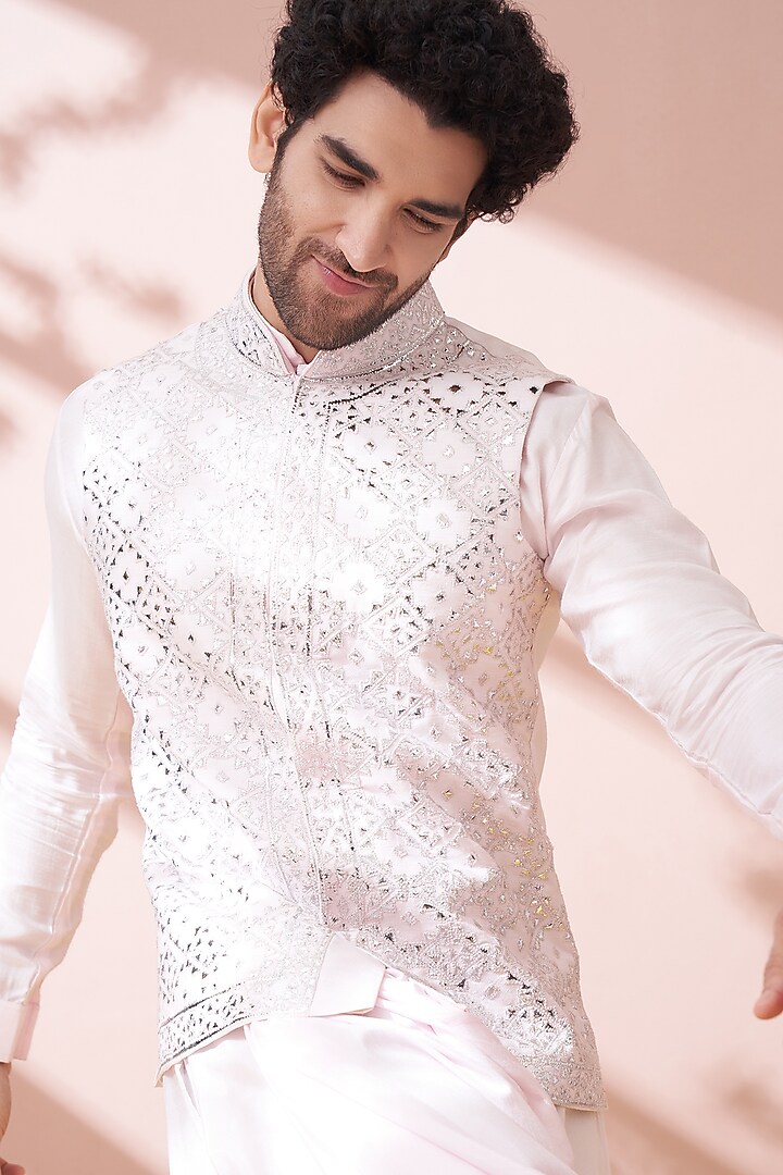 Blush Pink Silk Embroidered Bundi Jacket With Kurta Set by KORA BY NILESH MITESH at Pernia's Pop Up Shop