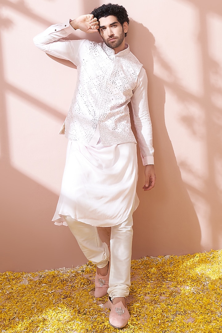 Blush Pink Silk Embroidered Bundi Jacket With Kurta Set by KORA BY NILESH MITESH at Pernia's Pop Up Shop