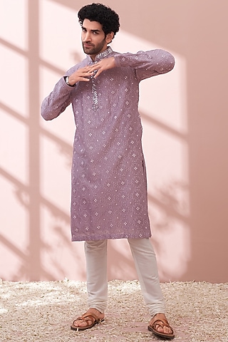 Matte Mauve Embroidered Kurta Set by KORA BY NILESH MITESH
