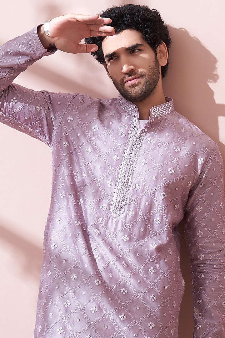 Matte Mauve Embroidered Kurta Set by KORA BY NILESH MITESH at Pernia's Pop Up Shop