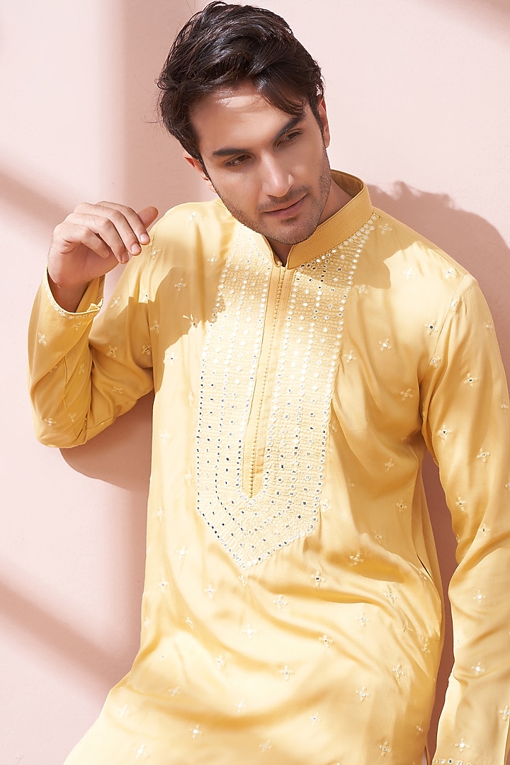 Yellow Crepe Printed Kurta Set by KORA BY NILESH MITESH at Pernia's Pop Up Shop