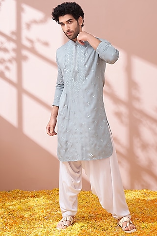 Powder Blue Embroidered Kurta Set by KORA BY NILESH MITESH