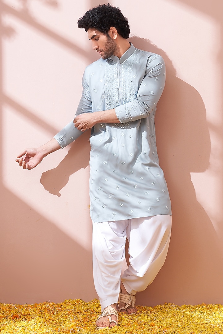 Powder Blue Embroidered Kurta Set by KORA BY NILESH MITESH at Pernia's Pop Up Shop