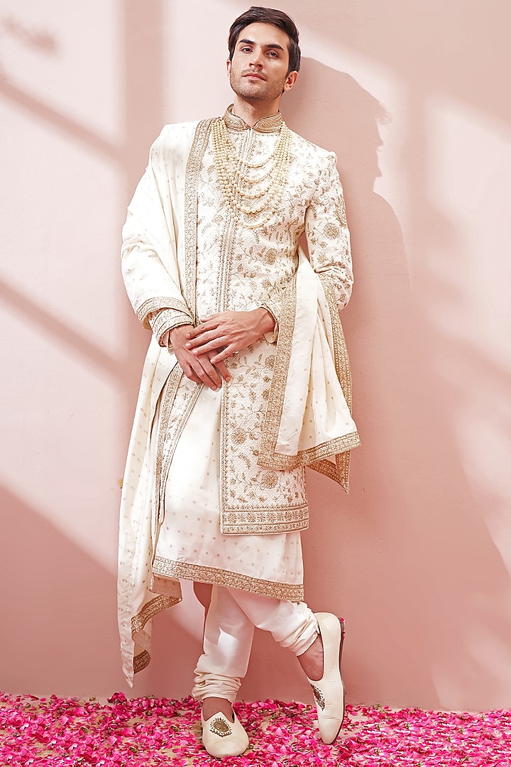 Royal Cream Silk Embroidered Sherwani Set by KORA BY NILESH MITESH