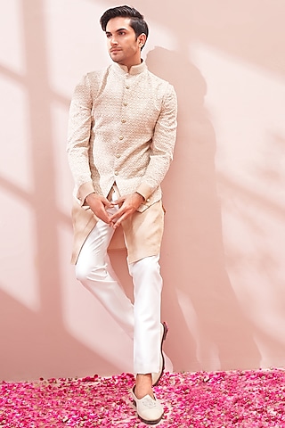 Dusty Peach Silk Embroidered Bandhgala Set by KORA BY NILESH MITESH