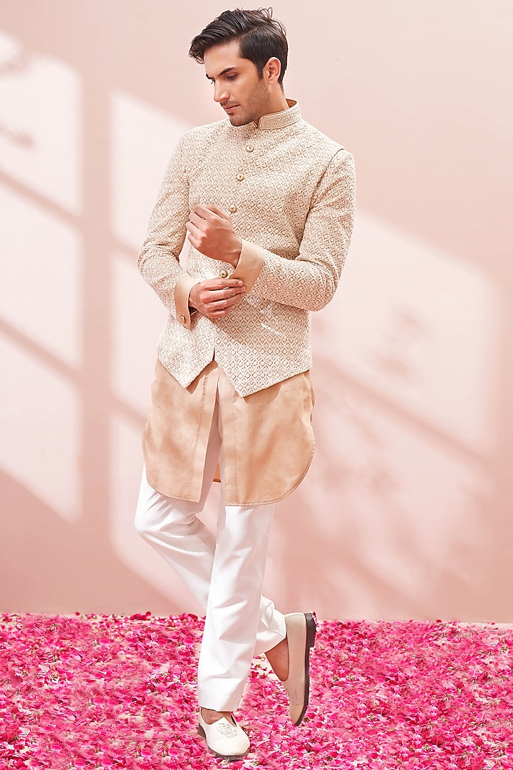 Dusty Peach Silk Embroidered Wedding Bandhgala Set by KORA BY NILESH MITESH at Pernia's Pop Up Shop