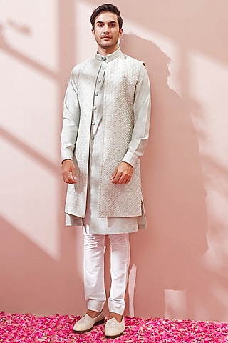 Pebble Grey Embroidered Indowestern Set
 by KORA BY NILESH MITESH