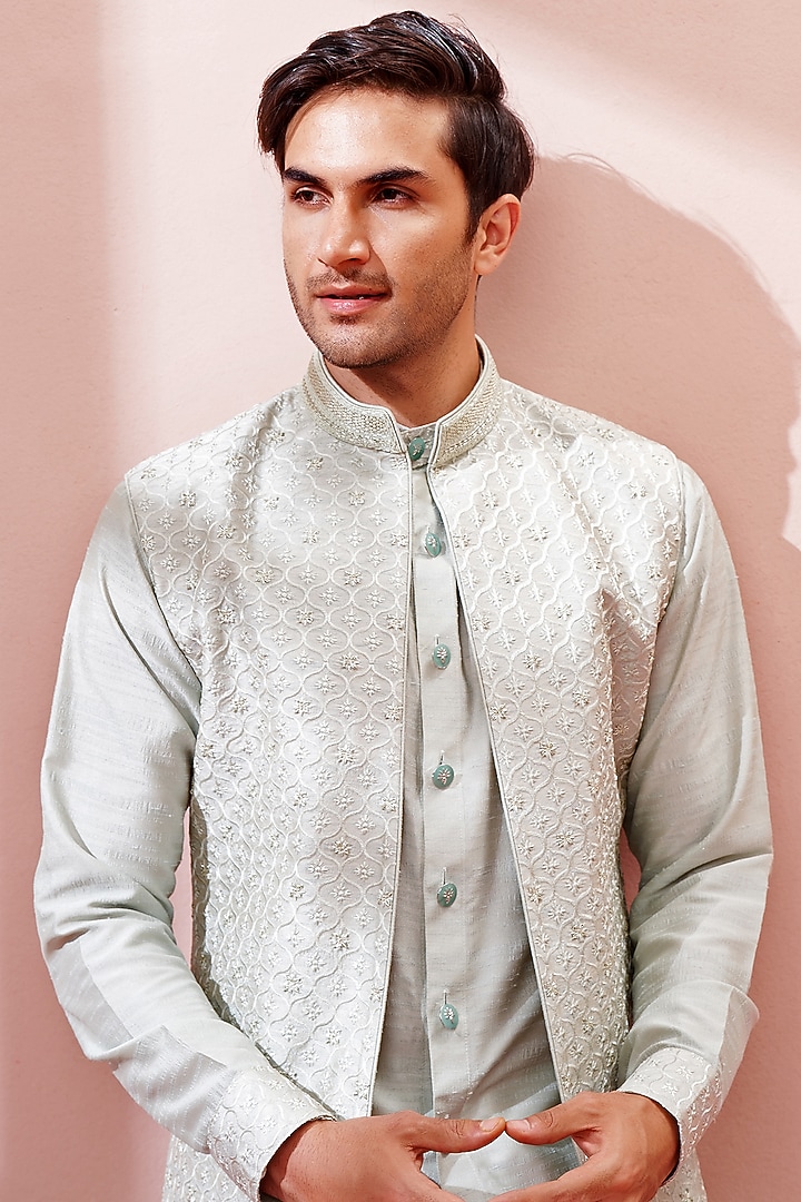 Pebble Grey Embroidered Wedding Indowestern Set
by KORA BY NILESH MITESH at Pernia's Pop Up Shop