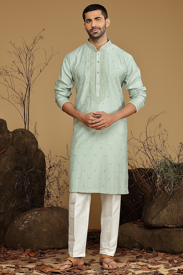 Sea Green Silk Kurta Set by KORA BY NILESH MITESH