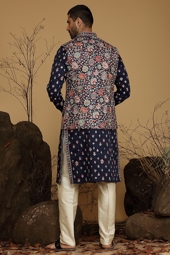 Midnight Blue Silk Bundi Jacket Set by KORA BY NILESH MITESH at Pernia's Pop Up Shop