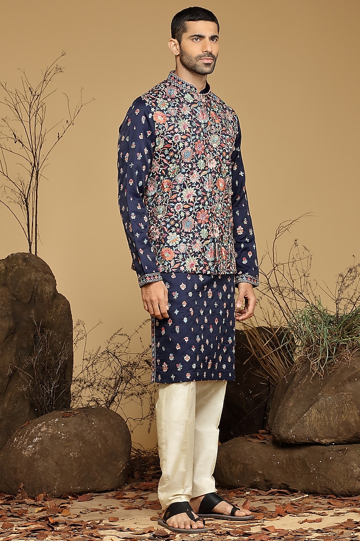 Midnight Blue Silk Bundi Jacket Set by KORA BY NILESH MITESH at Pernia's Pop Up Shop