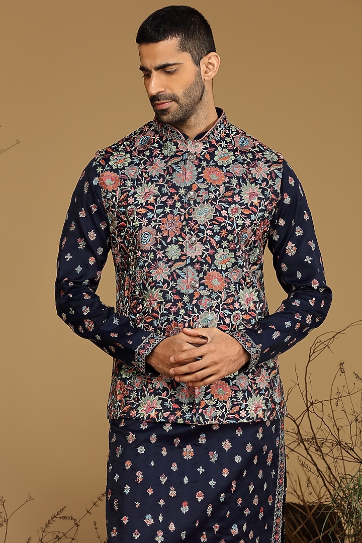 Midnight Blue Silk Bundi Jacket Set by KORA BY NILESH MITESH at Pernia's Pop Up Shop
