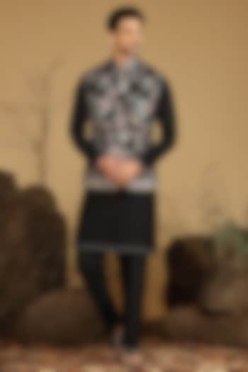 Black Silk Bundi Jacket Set by KORA BY NILESH MITESH at Pernia's Pop Up Shop