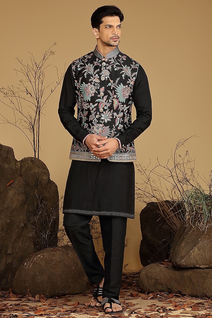 Black Silk Bundi Jacket Set by KORA BY NILESH MITESH at Pernia's Pop Up Shop