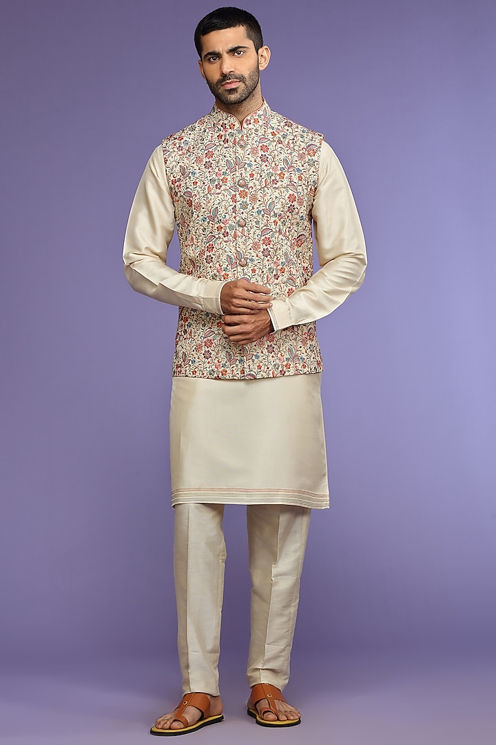 Cream Silk Bundi Jacket Set by KORA BY NILESH MITESH