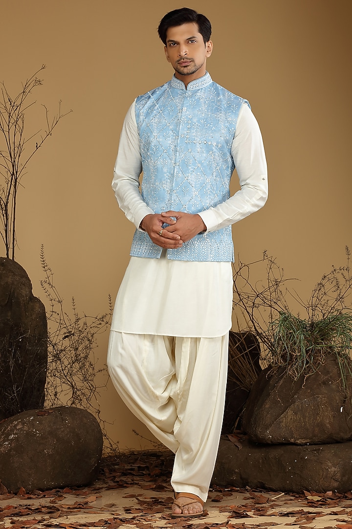 Sky Blue Silk Bundi Jacket Set by KORA BY NILESH MITESH at Pernia's Pop Up Shop