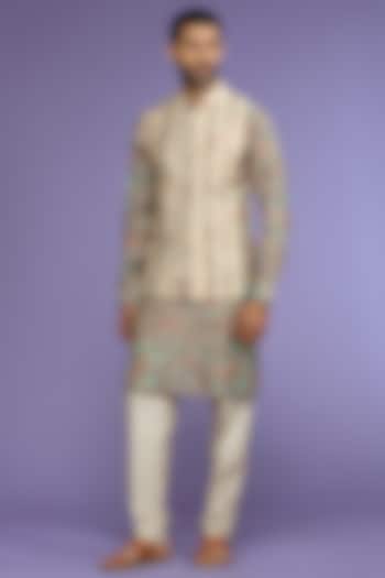 Cream Silk Bundi Jacket Set by KORA BY NILESH MITESH