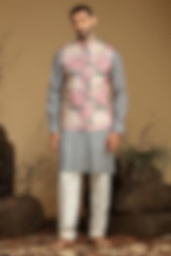 Grey Silk Bundi Jacket Set by KORA BY NILESH MITESH