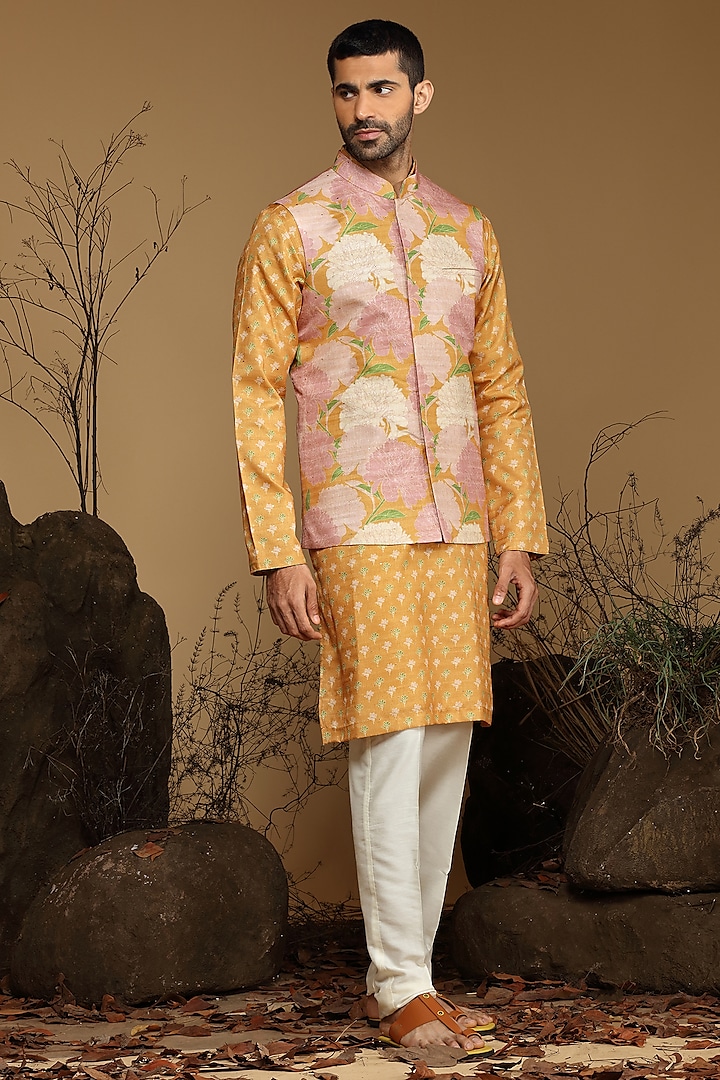 Mustard Silk Bundi Jacket Set by KORA BY NILESH MITESH