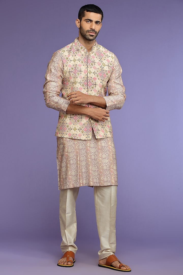 Natural Lilac Silk Bundi Jacket Set by KORA BY NILESH MITESH