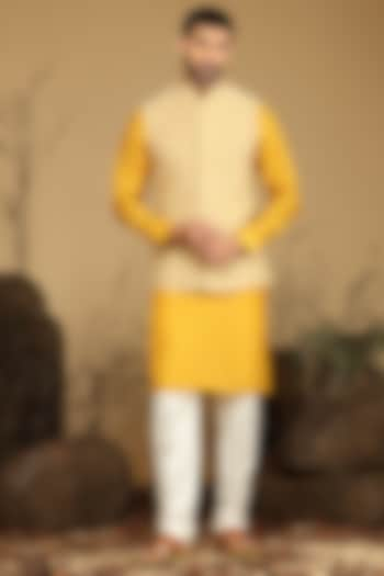 Mustard Silk Bundi Jacket Set by KORA BY NILESH MITESH