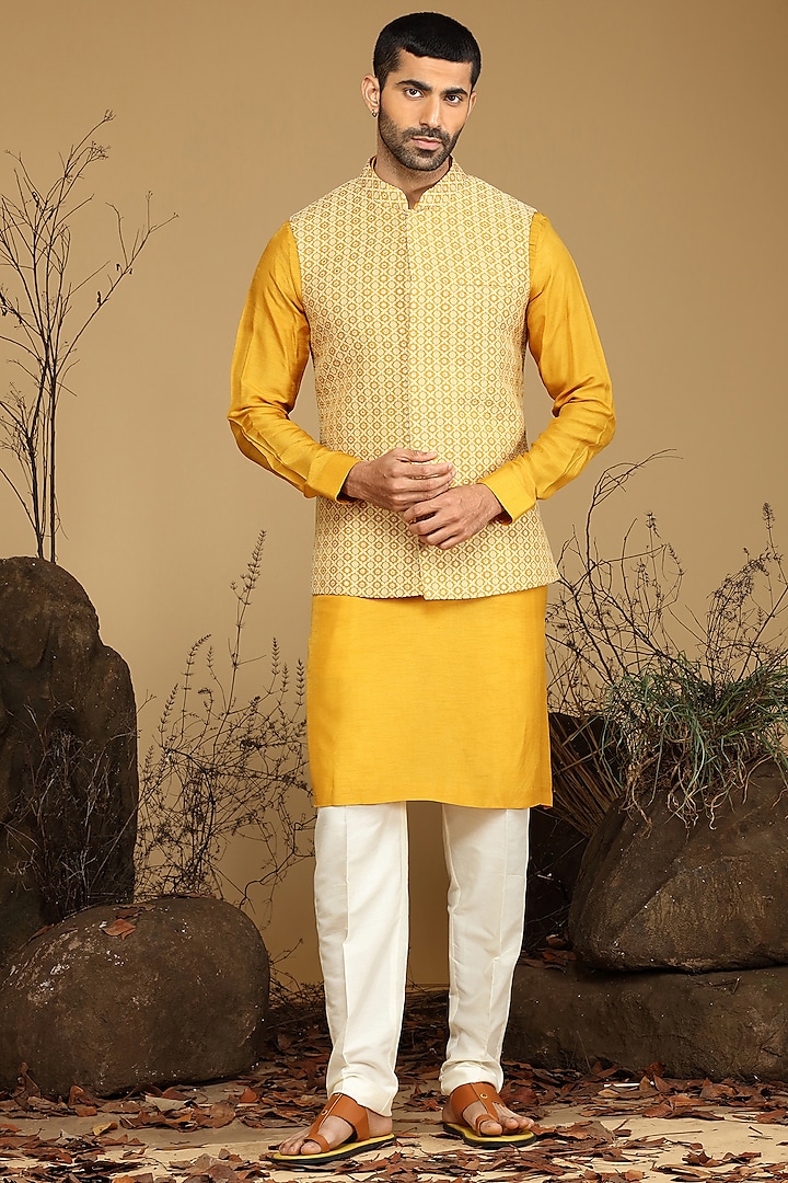 Mustard Silk Bundi Jacket Set by KORA BY NILESH MITESH