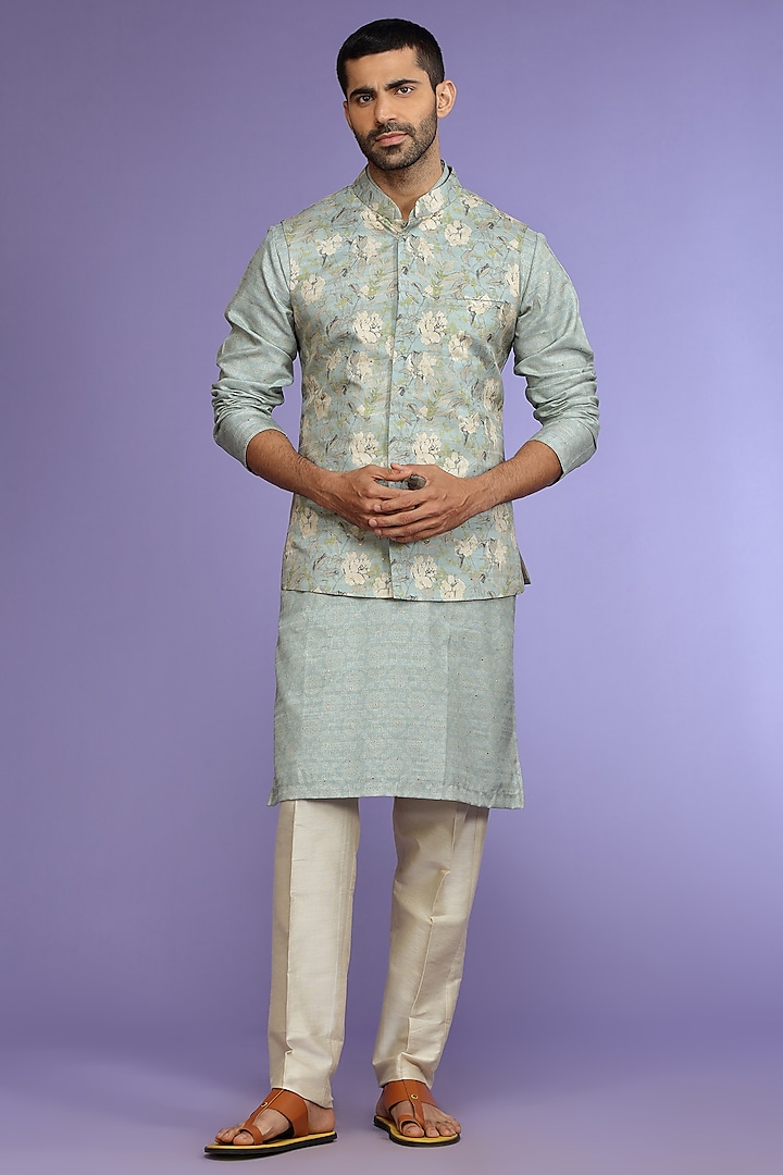 Light Grey Silk Bundi Jacket Set by KORA BY NILESH MITESH