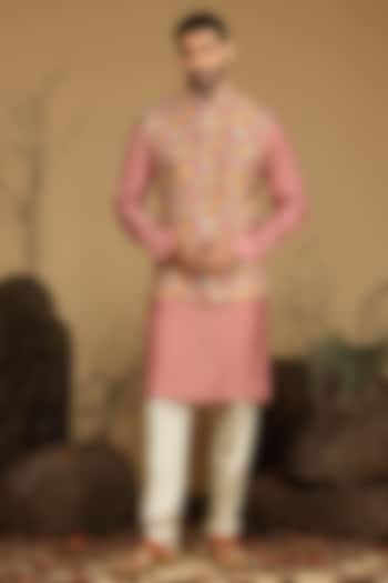 Onion Pink Silk Bundi Jacket Set by KORA BY NILESH MITESH
