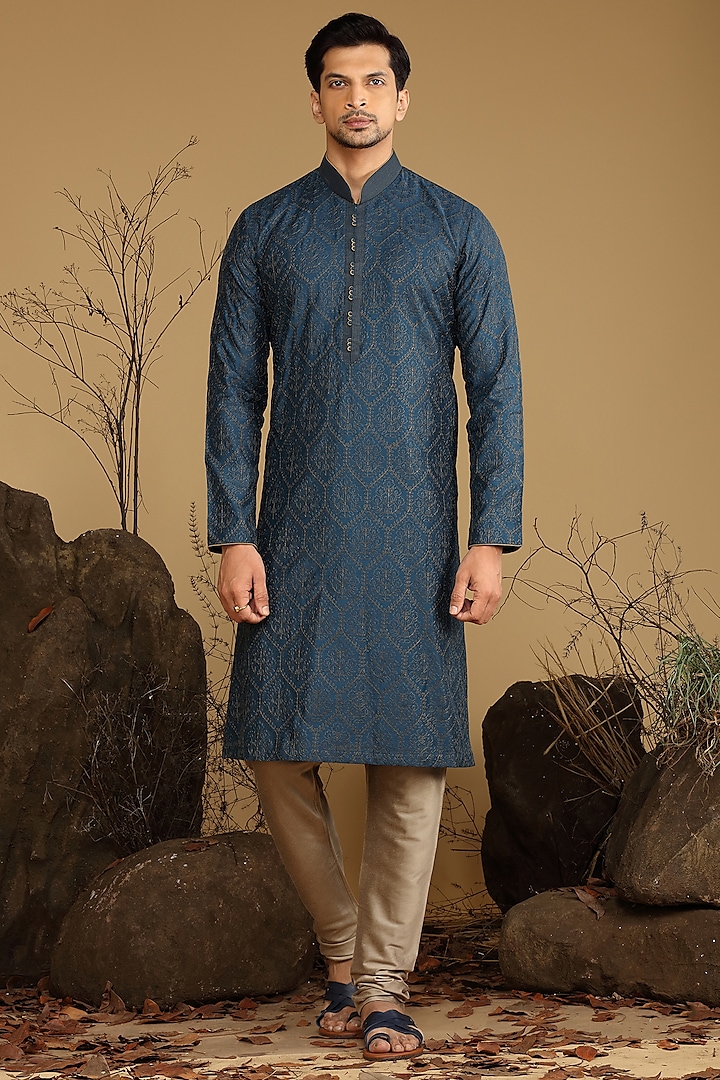 Blue Silk Kurta Set by KORA BY NILESH MITESH at Pernia's Pop Up Shop