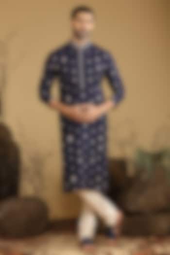Navy Blue Silk Kurta Set by KORA BY NILESH MITESH