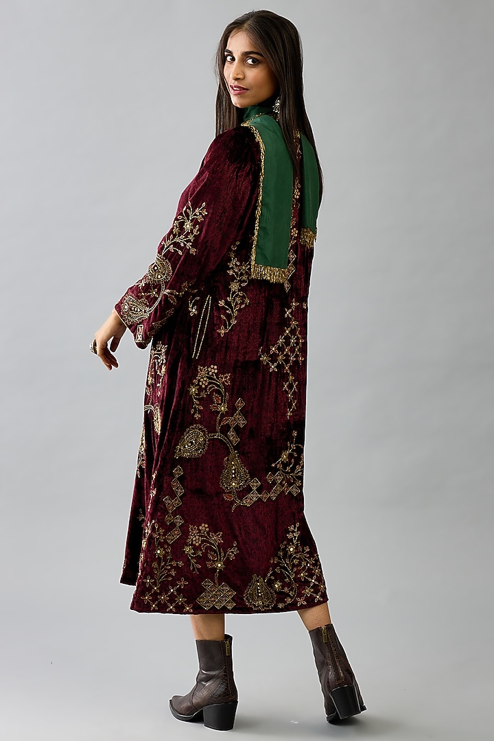 Maroon Silk Velvet Handblock Printed & Sequins Work Midi Cocktail Dress With Stole by Kora at Pernia's Pop Up Shop