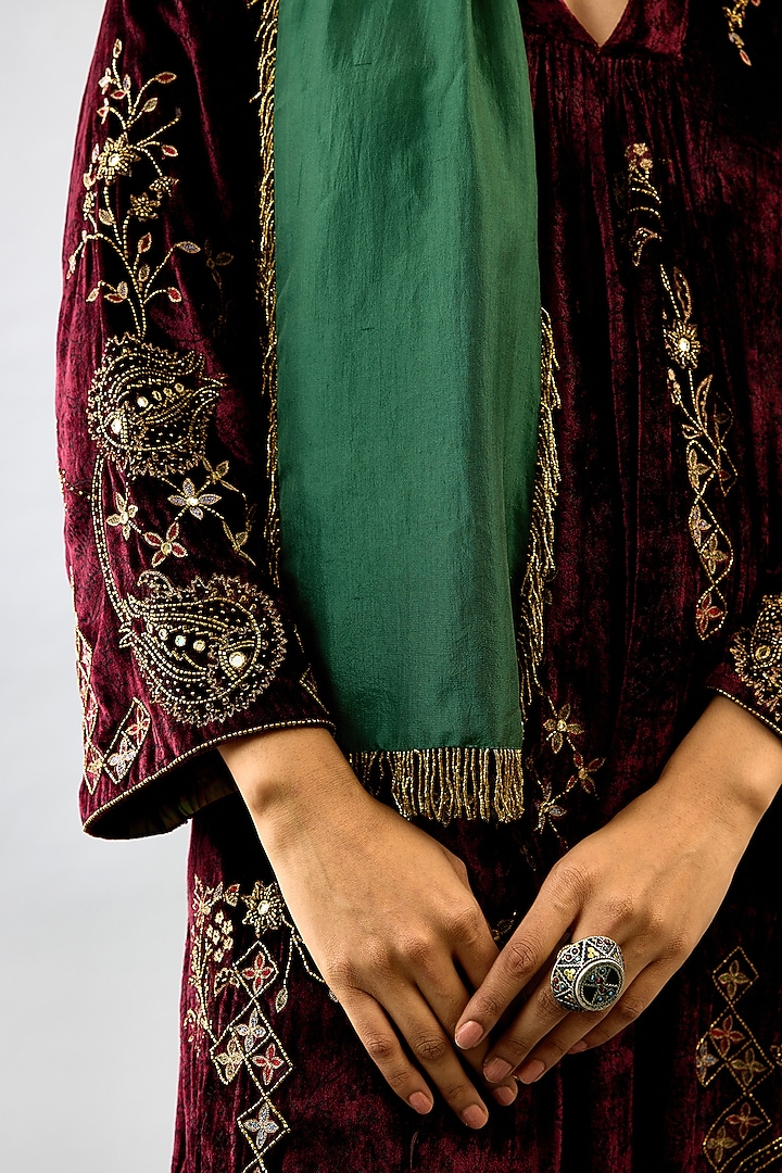 Maroon Silk Velvet Handblock Printed & Sequins Work Midi Cocktail Dress With Stole by Kora at Pernia's Pop Up Shop