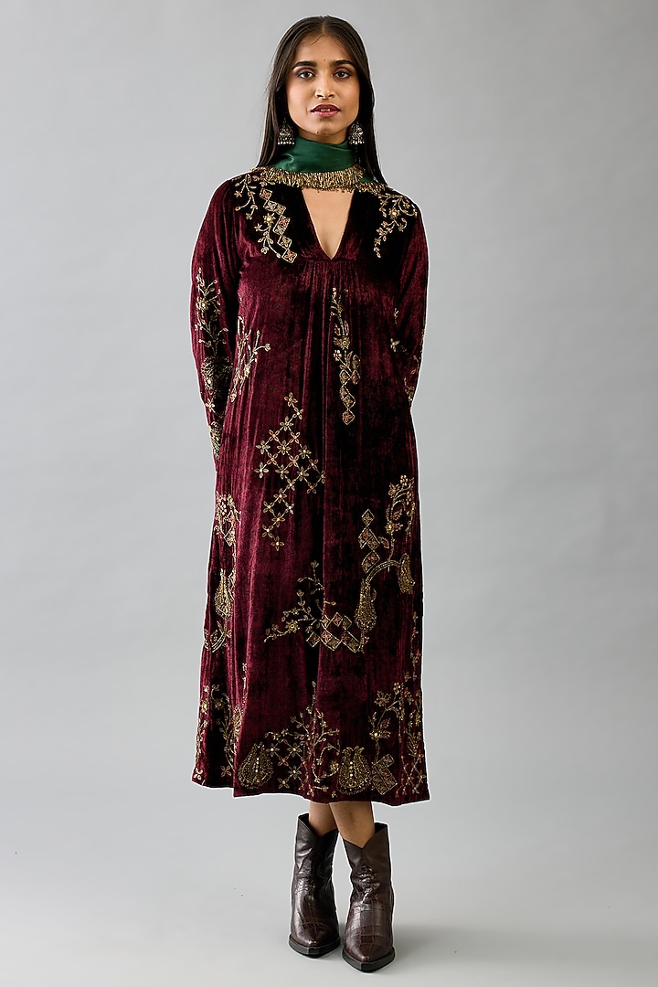 Maroon Silk Velvet Handblock Printed & Sequins Work Midi Cocktail Dress With Stole by Kora at Pernia's Pop Up Shop