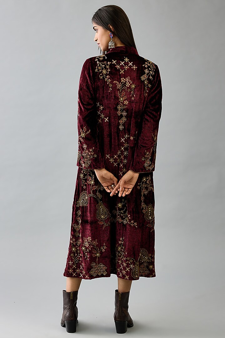 Maroon Silk Velvet Handblock Printed & Sequins Work Midi Cocktail Dress With Stole by Kora at Pernia's Pop Up Shop