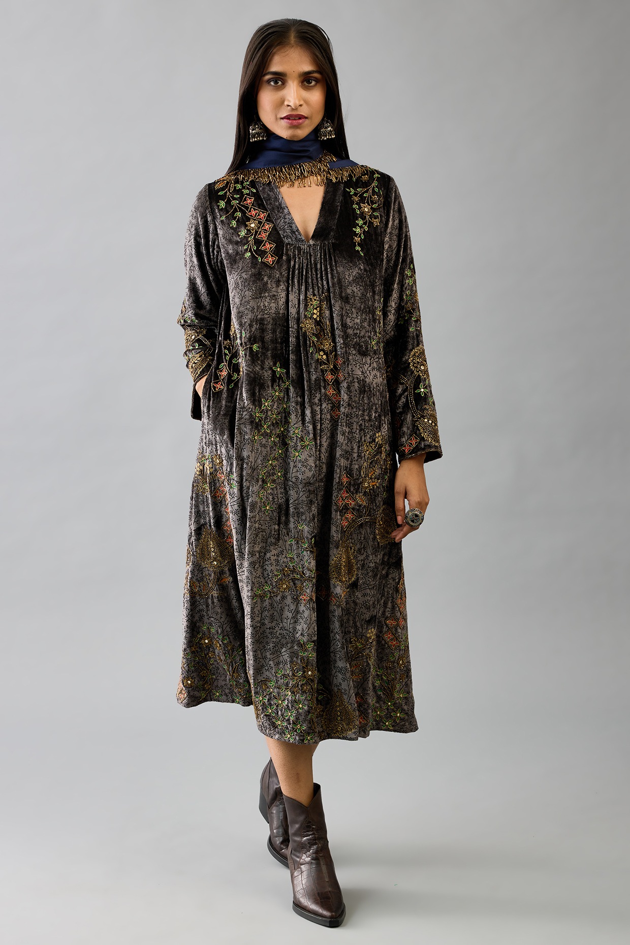 Grey Silk Velvet Handblock Printed & Sequins Work Midi Dress With Stole  Design by Kora at Pernia's Pop Up Shop 2024