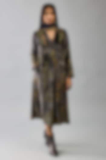 Grey Silk Velvet Handblock Printed & Sequins Work Midi Dress With Stole by Kora