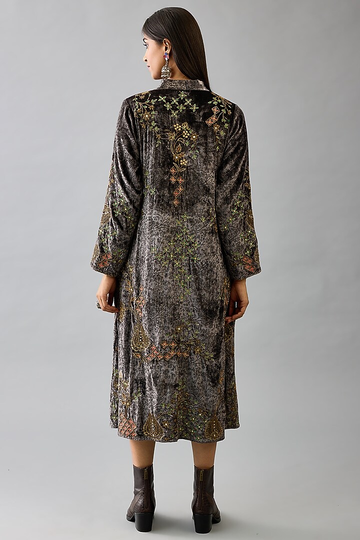 Grey Silk Velvet Handblock Printed & Sequins Work Midi Cocktail Dress With Stole by Kora at Pernia's Pop Up Shop