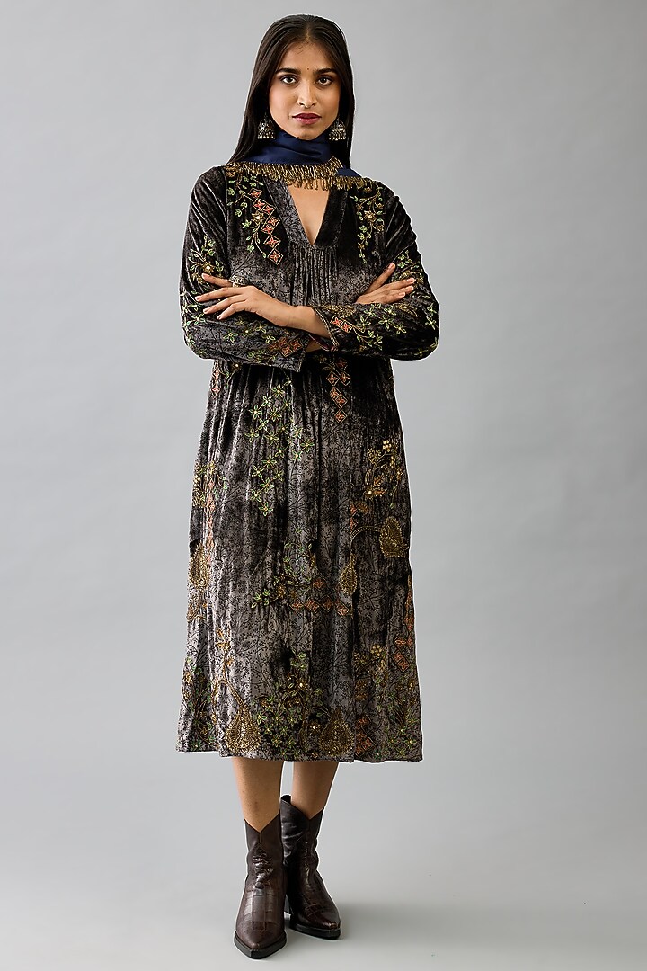 Grey Silk Velvet Handblock Printed & Sequins Work Midi Cocktail Dress With Stole by Kora at Pernia's Pop Up Shop
