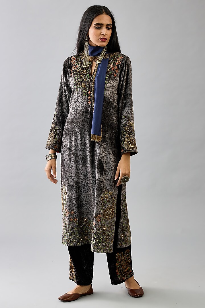 Grey Silk Velvet Handblock Printed & Sequins Work Kurta Set by Kora