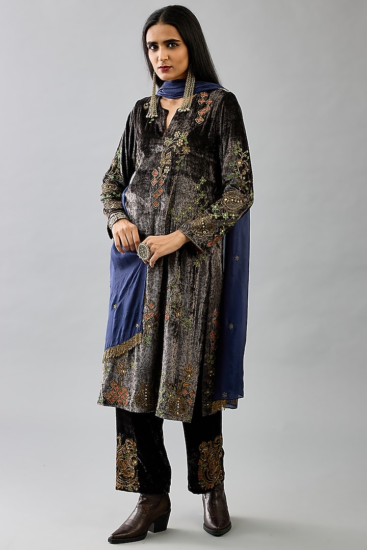 Grey Silk Velvet Handblock Printed & Sequins Work Kurta Set by Kora