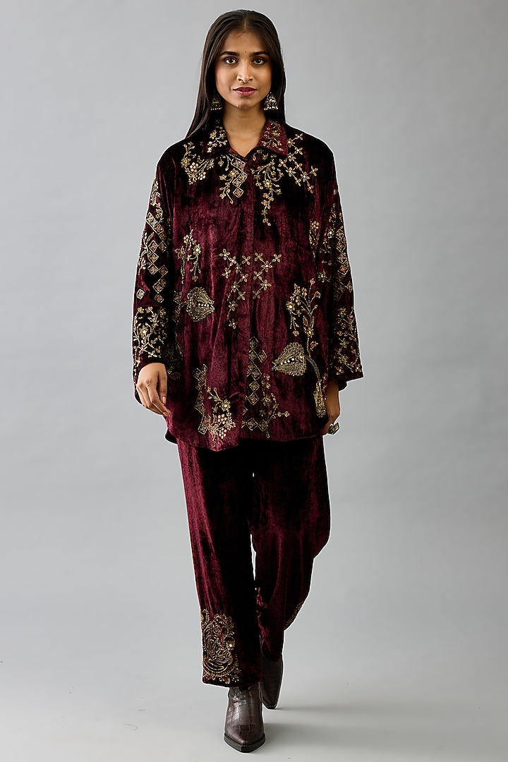 Maroon Silk Velvet Handblock Printed & Thread Embroidered Pant Set by Kora at Pernia's Pop Up Shop