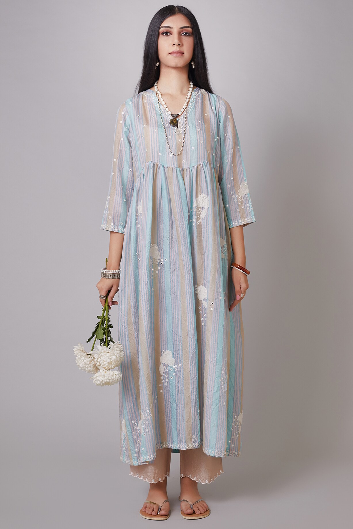 Blue & Beige Striped Kurta Set by Kora at Pernia's Pop Up Shop 2024