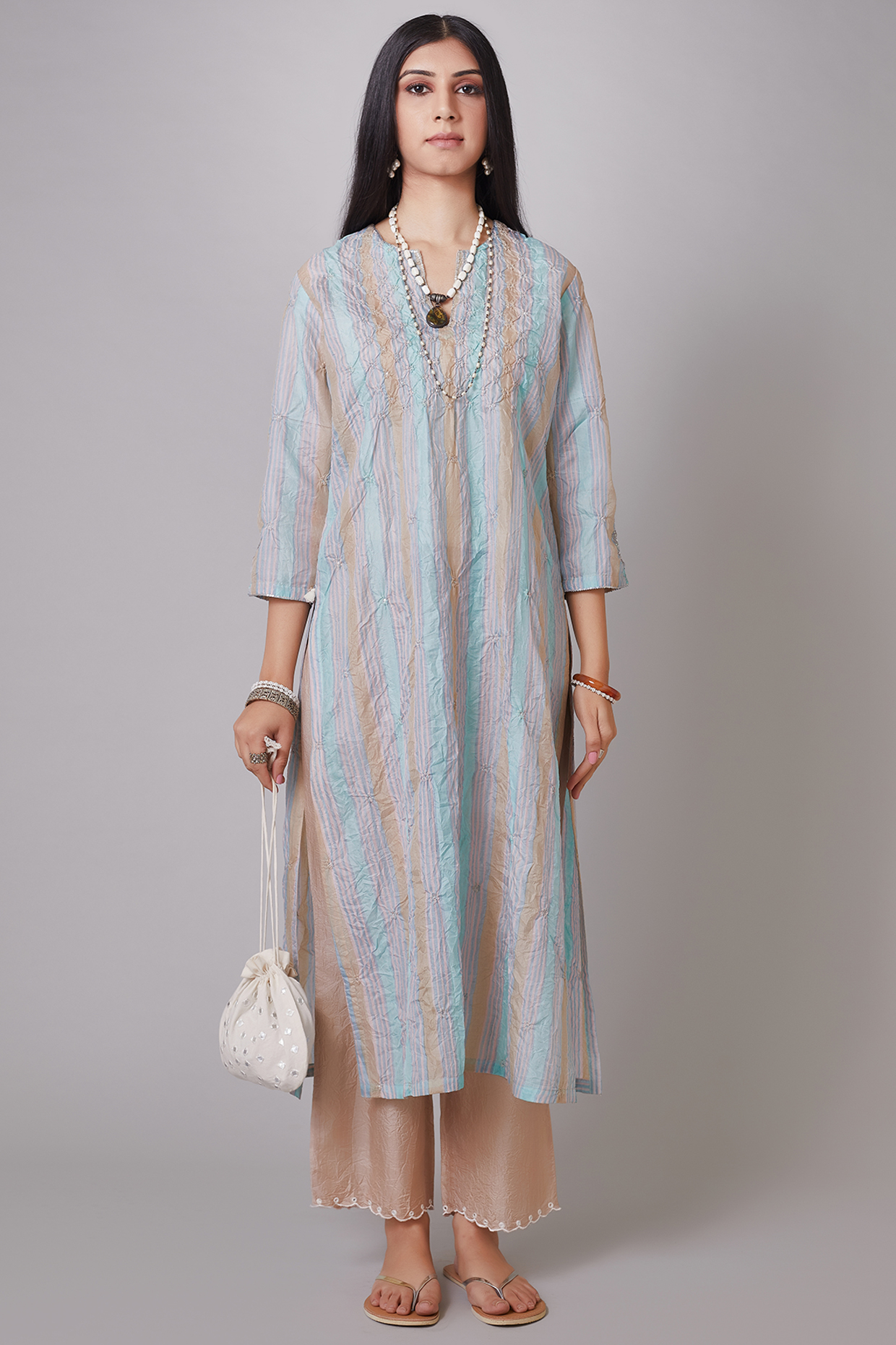 Blue & Beige Block Printed Kurta Set by Kora at Pernia's Pop Up Shop