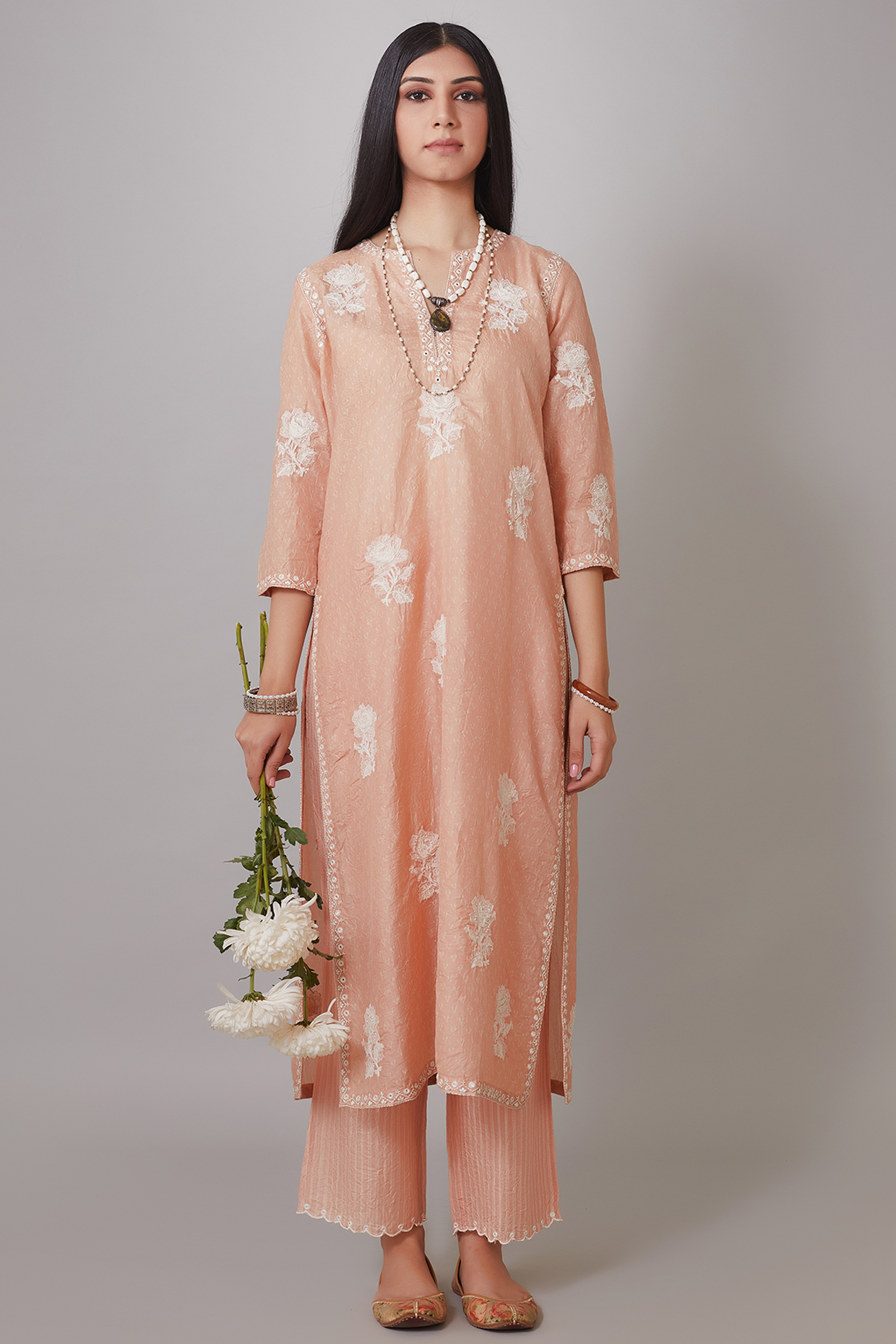 Peach Hand Block Printed Kurta Set by Kora at Pernia's Pop Up Shop