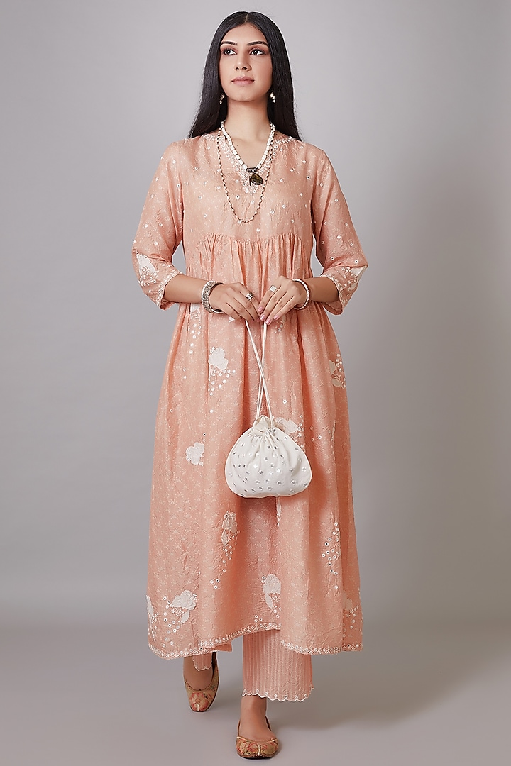 Peach Applique Embroidered Kurta Set by Kora at Pernia's Pop Up Shop