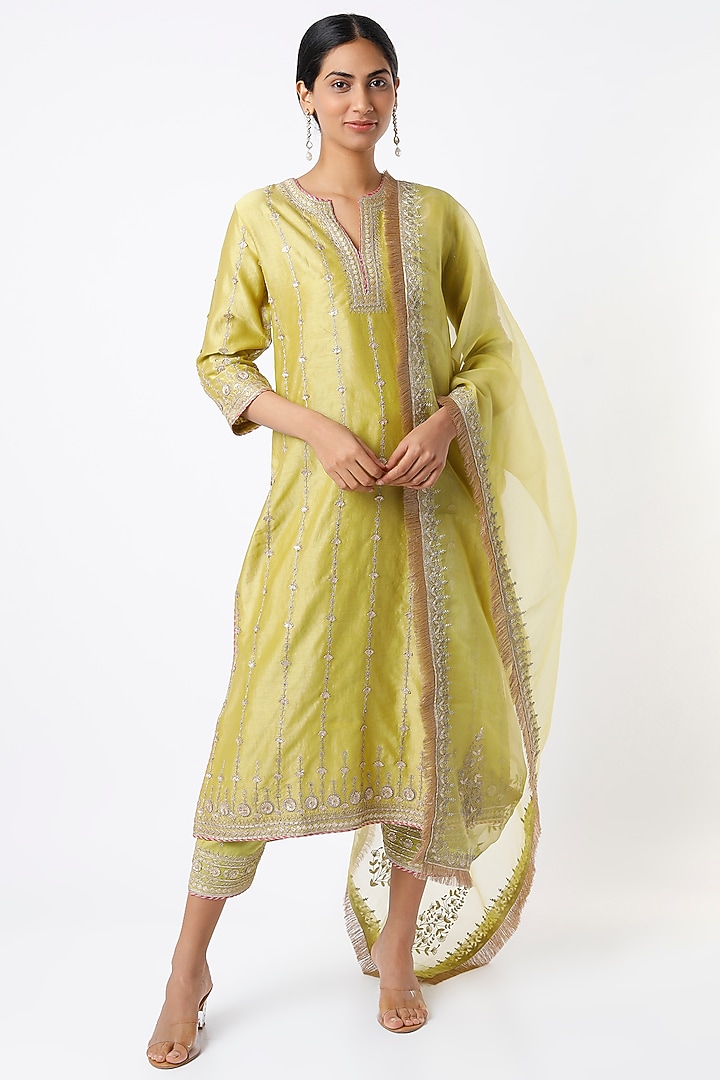 Lime Green Gota Embroidered Kurta Set by Kora at Pernia's Pop Up Shop