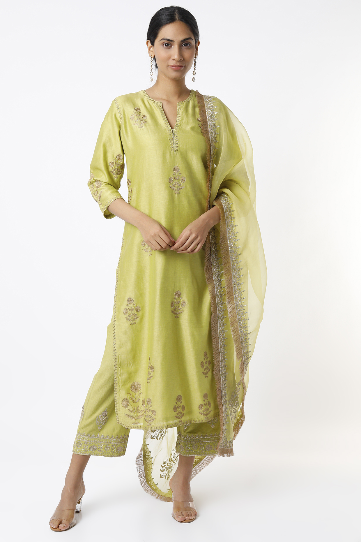 Lime Boota Embroidered Straight Kurta Set by Kora at Pernia's Pop Up Shop