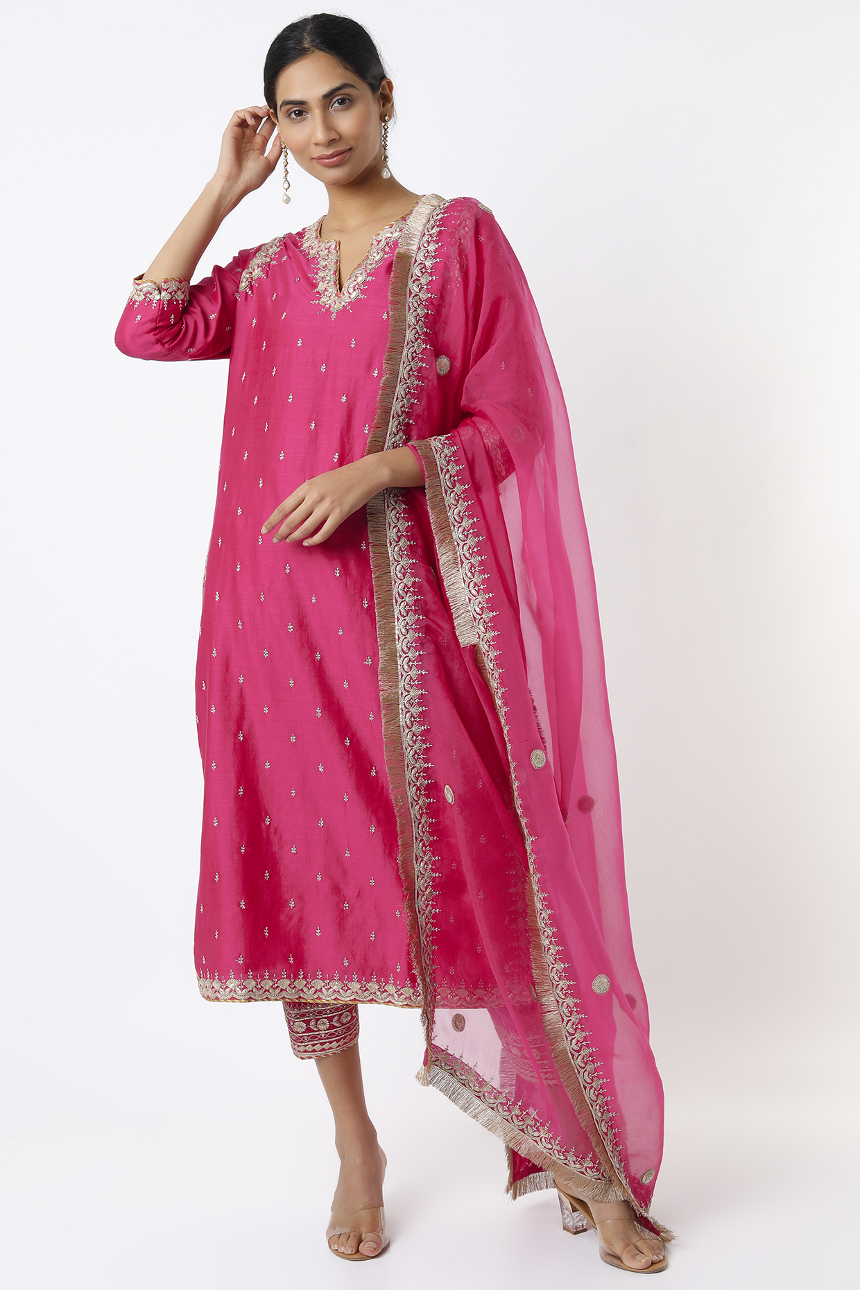 Fuchsia Embroidered Straight Kurta Set by Kora at Pernia's Pop Up Shop